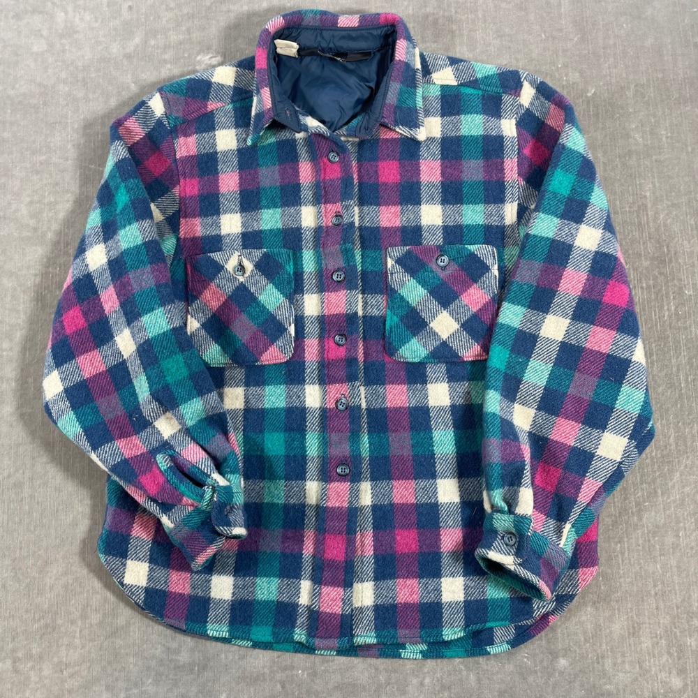 Vintage Woolrich Womens‎ Size 12 Teal Pink Blue Wool Plaid Flannel Shirt